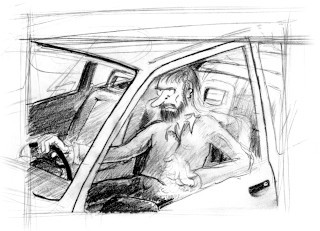 „Der genervte Autofahrer“. Manchmal fallen mir einzelne Szenen für Comics ein, ohne dass ich wirklich eine Idee für eine Geschichte hätte. Bei dieser Skizze, die ich nur mit Bleistift und einem Stück Papier festgehalten habe, fand ich die Perspektive recht interessant.