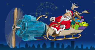 Nikolaus auf seinem neuen E-Schlitten. Dieser Cartoon wurde als Weihnachtskarte für die Firma Paul & Marktanner Elektrodynamik GmbH (Essen) gestaltet.