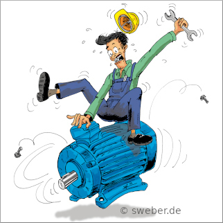 „Maschinen-Rodeo“ – Diesen Cartoon habe ich für eine Anzeige der Firma Paul & Marktanner Elektrodynamik GmbH (Essen) erstellt. Es folgten weitere Motive rund um das Thema Maschinenwartung und Service.
